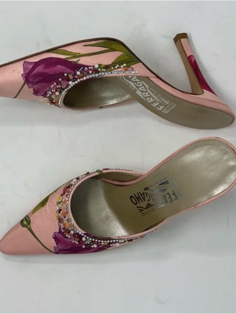 Vintage Salvatore Ferragamo Pink Floral Beaded Slip-On Mules - Picture 6 of 13